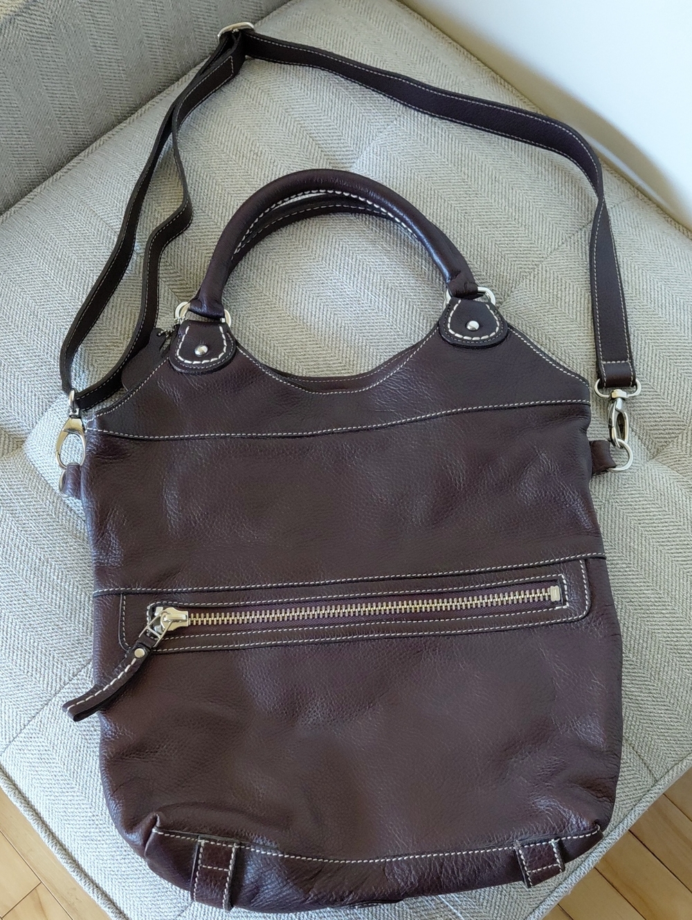 Roots Dark Brown Leather Shoulder Bag with Removable Strap